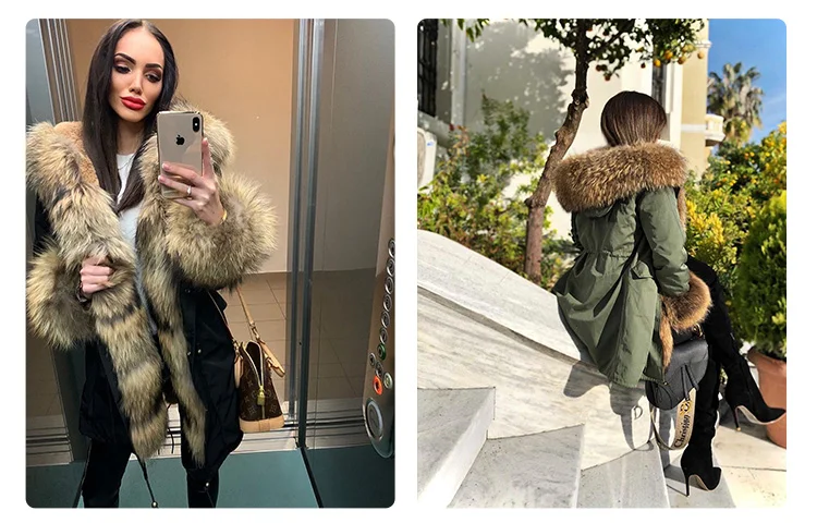Maomaokong Winter Women Luxur Beige Fur Coat Natural Real Fox Fur Waterproof Jacket Hooded Thick Warm Fashion Long Black Parkas
