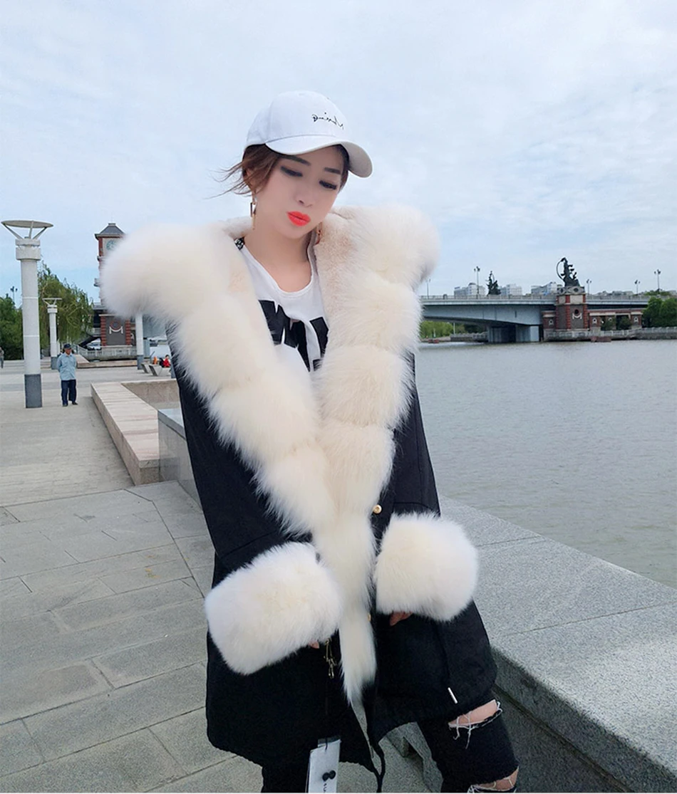 Maomaokong Winter Women Luxur Beige Fur Coat Natural Real Fox Fur Waterproof Jacket Hooded Thick Warm Fashion Long Black Parkas