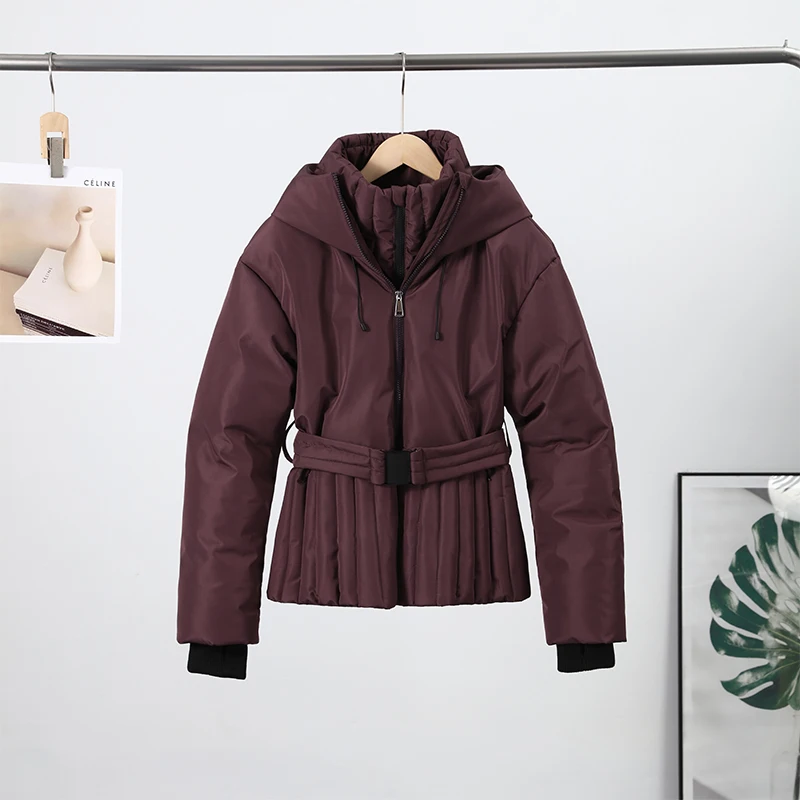Casual Hoodie Thicken Belts Coats Women Solid Full Sleeve Stand Collar Closed Zippers Coat Female 2025 Winter Lady Outwears