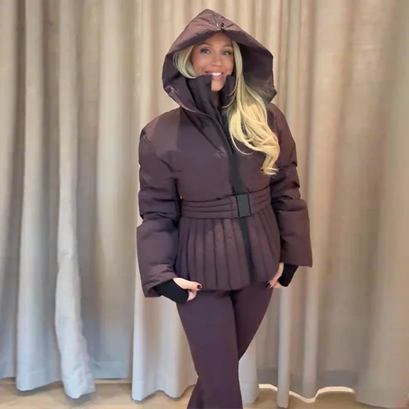 Casual Hoodie Thicken Belts Coats Women Solid Full Sleeve Stand Collar Closed Zippers Coat Female 2025 Winter Lady Outwears