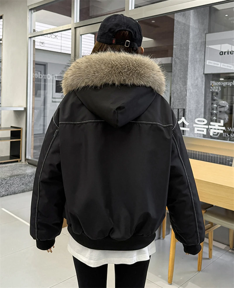 Y2k Harajuku Parkas Winter Warm Cotton-Padded Jackets Fur Collar Hooded Zipper Loose Casual Coat Hip-hop Gothic Women&Men куртка