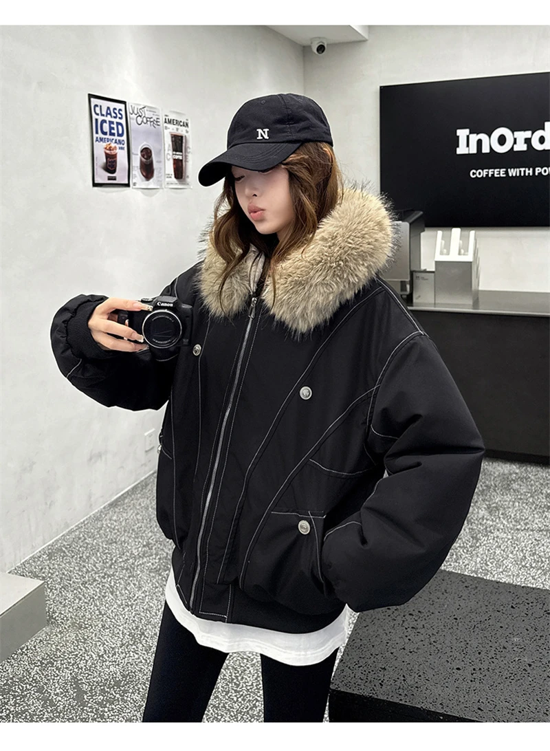 Y2k Harajuku Parkas Winter Warm Cotton-Padded Jackets Fur Collar Hooded Zipper Loose Casual Coat Hip-hop Gothic Women&Men куртка