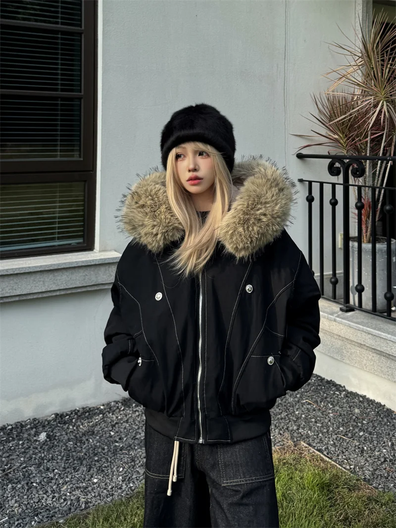 Y2k Harajuku Parkas Winter Warm Cotton-Padded Jackets Fur Collar Hooded Zipper Loose Casual Coat Hip-hop Gothic Women&Men куртка