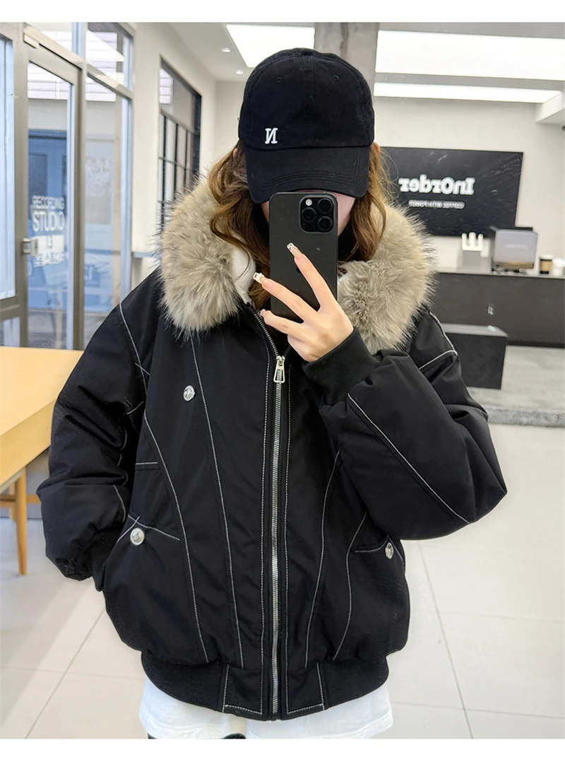Y2k Harajuku Parkas Winter Warm Cotton-Padded Jackets Fur Collar Hooded Zipper Loose Casual Coat Hip-hop Gothic Women&Men куртка