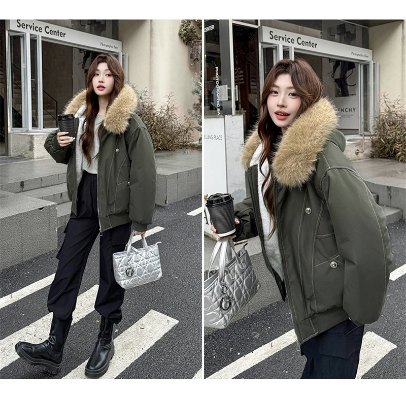 Y2k Harajuku Parkas Winter Warm Cotton-Padded Jackets Fur Collar Hooded Zipper Loose Casual Coat Hip-hop Gothic Women&Men куртка