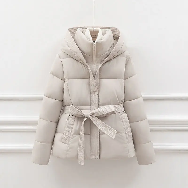 2026 New Winter Jacket Women Warm Parkas Long Sleeve Tops Casual Cotton Padded Jackets Belt Black Brown Hooded Outwear Female