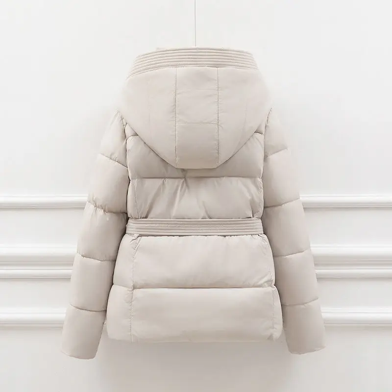 2026 New Winter Jacket Women Warm Parkas Long Sleeve Tops Casual Cotton Padded Jackets Belt Black Brown Hooded Outwear Female