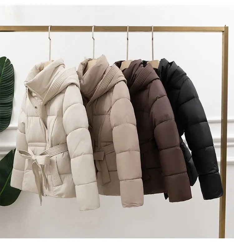 2026 New Winter Jacket Women Warm Parkas Long Sleeve Tops Casual Cotton Padded Jackets Belt Black Brown Hooded Outwear Female
