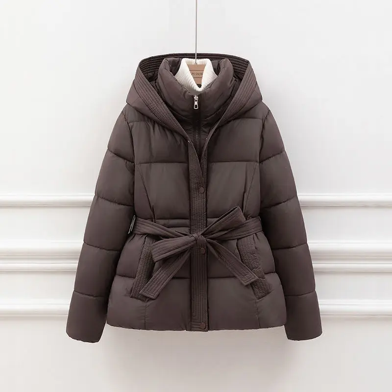 2026 New Winter Jacket Women Warm Parkas Long Sleeve Tops Casual Cotton Padded Jackets Belt Black Brown Hooded Outwear Female