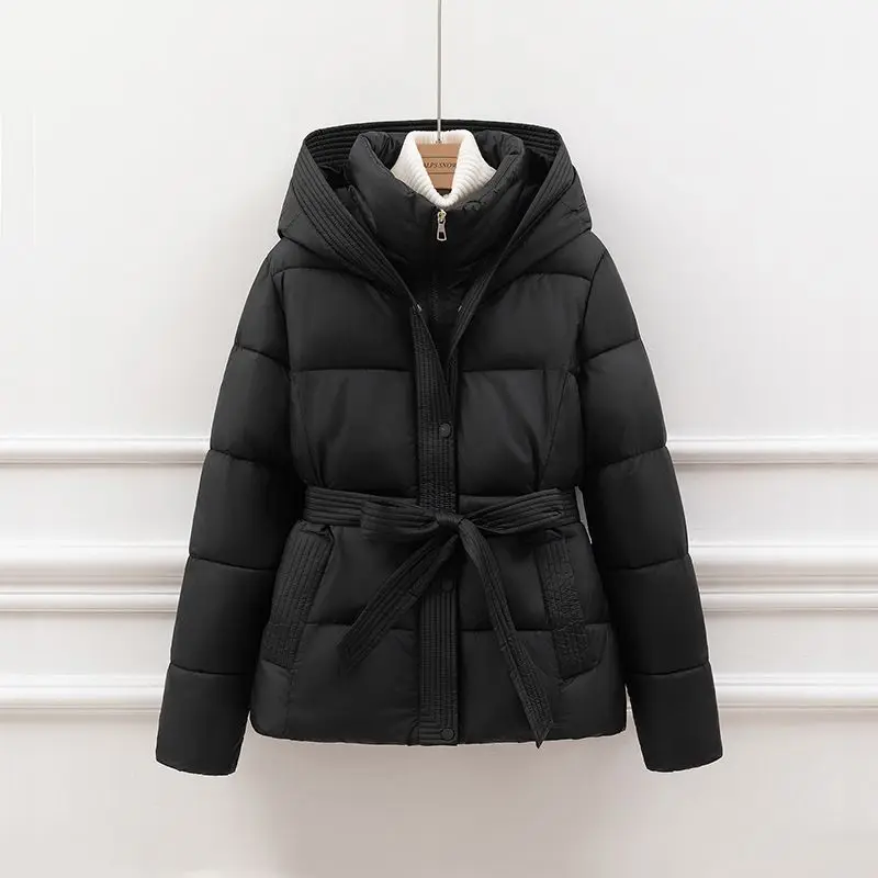 2026 New Winter Jacket Women Warm Parkas Long Sleeve Tops Casual Cotton Padded Jackets Belt Black Brown Hooded Outwear Female