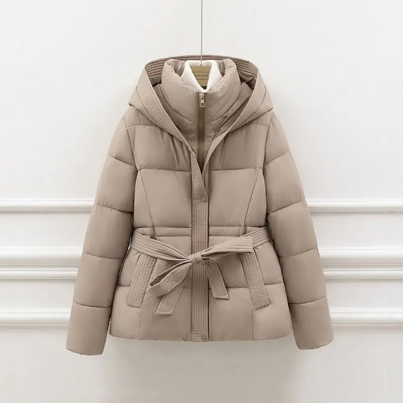 2026 New Winter Jacket Women Warm Parkas Long Sleeve Tops Casual Cotton Padded Jackets Belt Black Brown Hooded Outwear Female