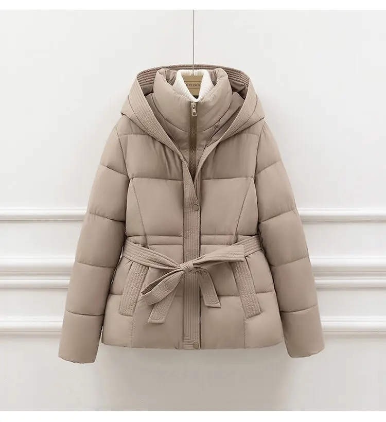 2026 New Winter Jacket Women Warm Parkas Long Sleeve Tops Casual Cotton Padded Jackets Belt Black Brown Hooded Outwear Female
