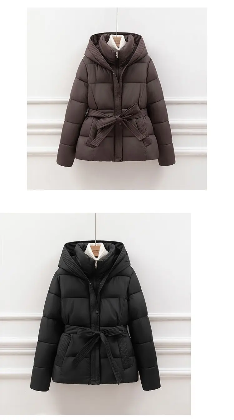 2026 New Winter Jacket Women Warm Parkas Long Sleeve Tops Casual Cotton Padded Jackets Belt Black Brown Hooded Outwear Female