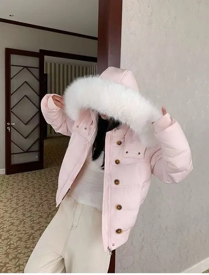 American Retro Hooded Padded Parkas with Faux Fur Collar Women Winter Thick Crop Cotton Jackets Woman Casual Solid Puffer Jacket