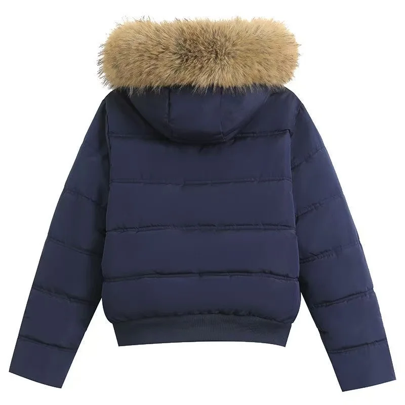 American Retro Hooded Padded Parkas with Faux Fur Collar Women Winter Thick Crop Cotton Jackets Woman Casual Solid Puffer Jacket
