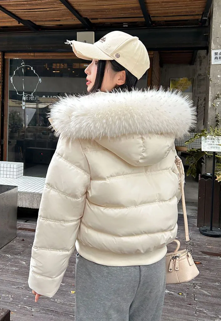 American Retro Hooded Padded Parkas with Faux Fur Collar Women Winter Thick Crop Cotton Jackets Woman Casual Solid Puffer Jacket