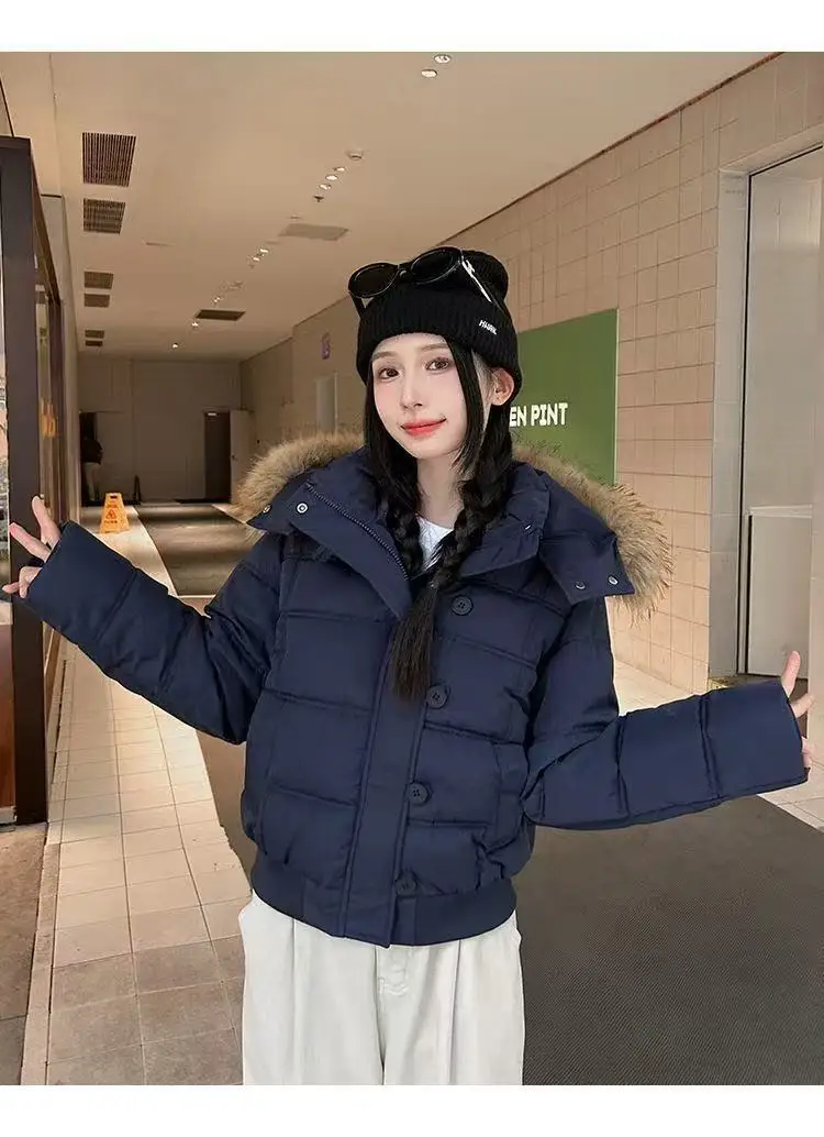 American Retro Hooded Padded Parkas with Faux Fur Collar Women Winter Thick Crop Cotton Jackets Woman Casual Solid Puffer Jacket