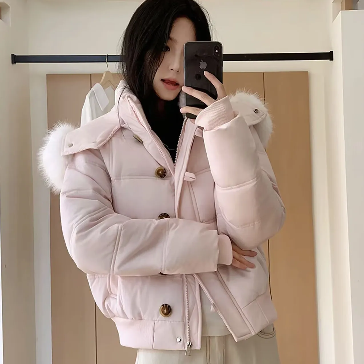American Retro Hooded Padded Parkas with Faux Fur Collar Women Winter Thick Crop Cotton Jackets Woman Casual Solid Puffer Jacket