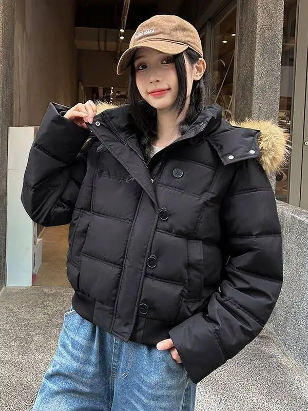 American Retro Hooded Padded Parkas with Faux Fur Collar Women Winter Thick Crop Cotton Jackets Woman Casual Solid Puffer Jacket