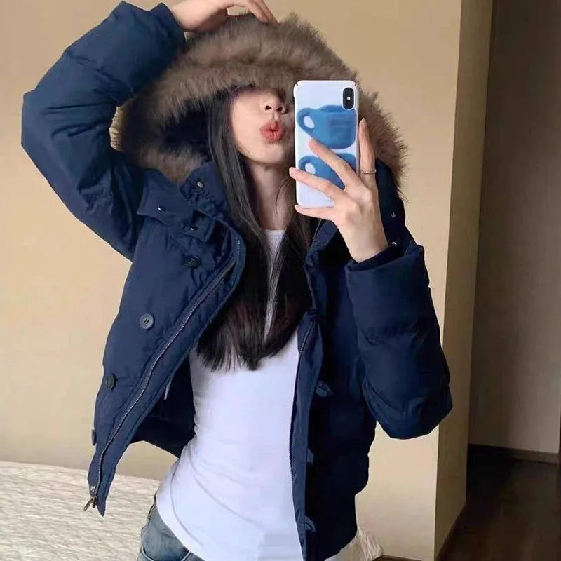 American Retro Hooded Padded Parkas with Faux Fur Collar Women Winter Thick Crop Cotton Jackets Woman Casual Solid Puffer Jacket