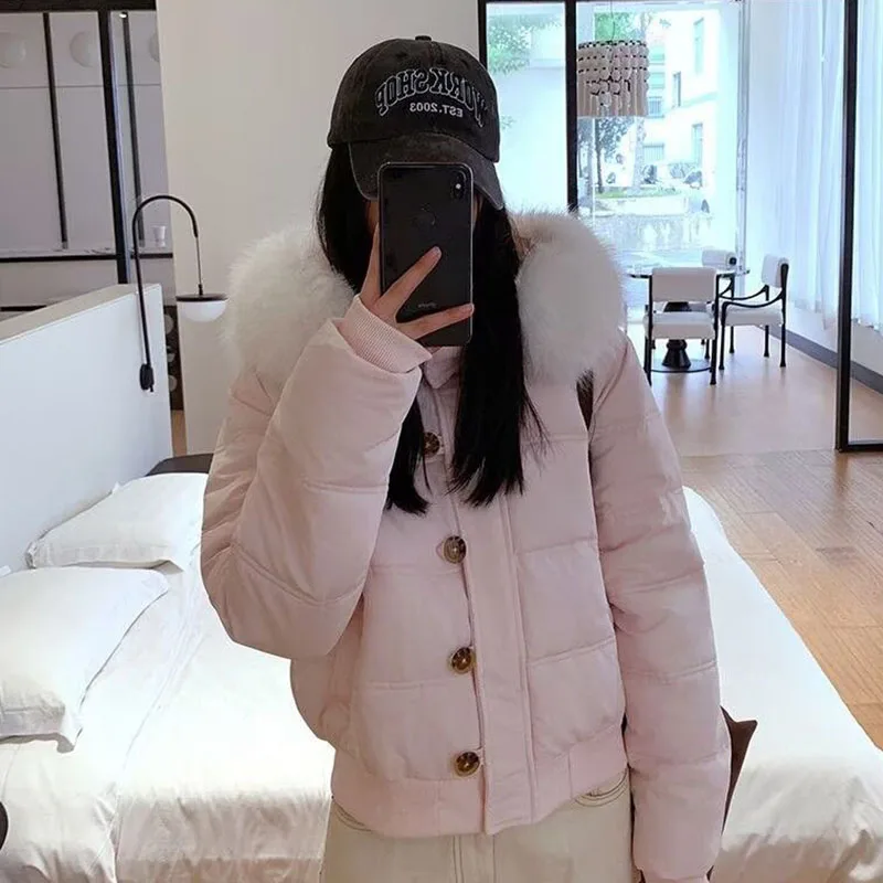 American Retro Hooded Padded Parkas with Faux Fur Collar Women Winter Thick Crop Cotton Jackets Woman Casual Solid Puffer Jacket