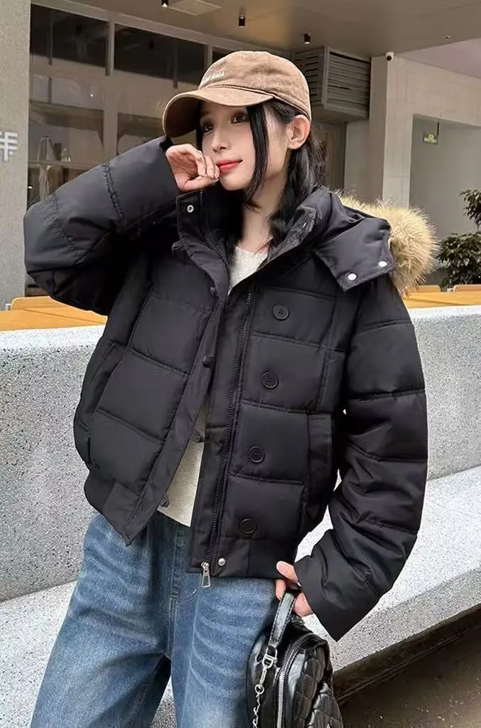 American Retro Hooded Padded Parkas with Faux Fur Collar Women Winter Thick Crop Cotton Jackets Woman Casual Solid Puffer Jacket