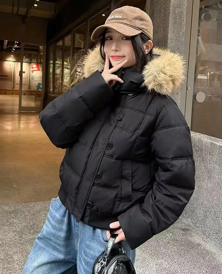 American Retro Hooded Padded Parkas with Faux Fur Collar Women Winter Thick Crop Cotton Jackets Woman Casual Solid Puffer Jacket