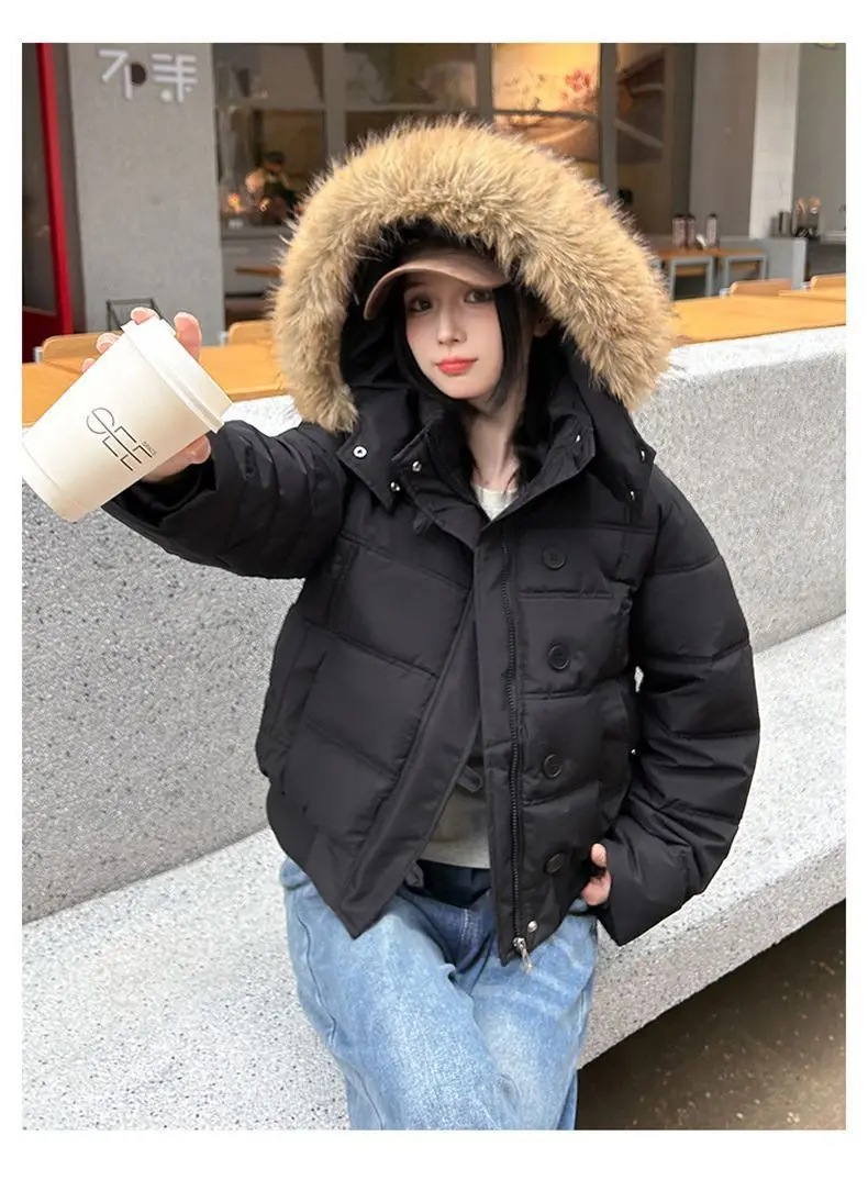 American Retro Hooded Padded Parkas with Faux Fur Collar Women Winter Thick Crop Cotton Jackets Woman Casual Solid Puffer Jacket