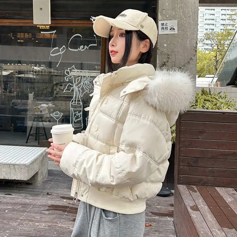 American Retro Hooded Padded Parkas with Faux Fur Collar Women Winter Thick Crop Cotton Jackets Woman Casual Solid Puffer Jacket