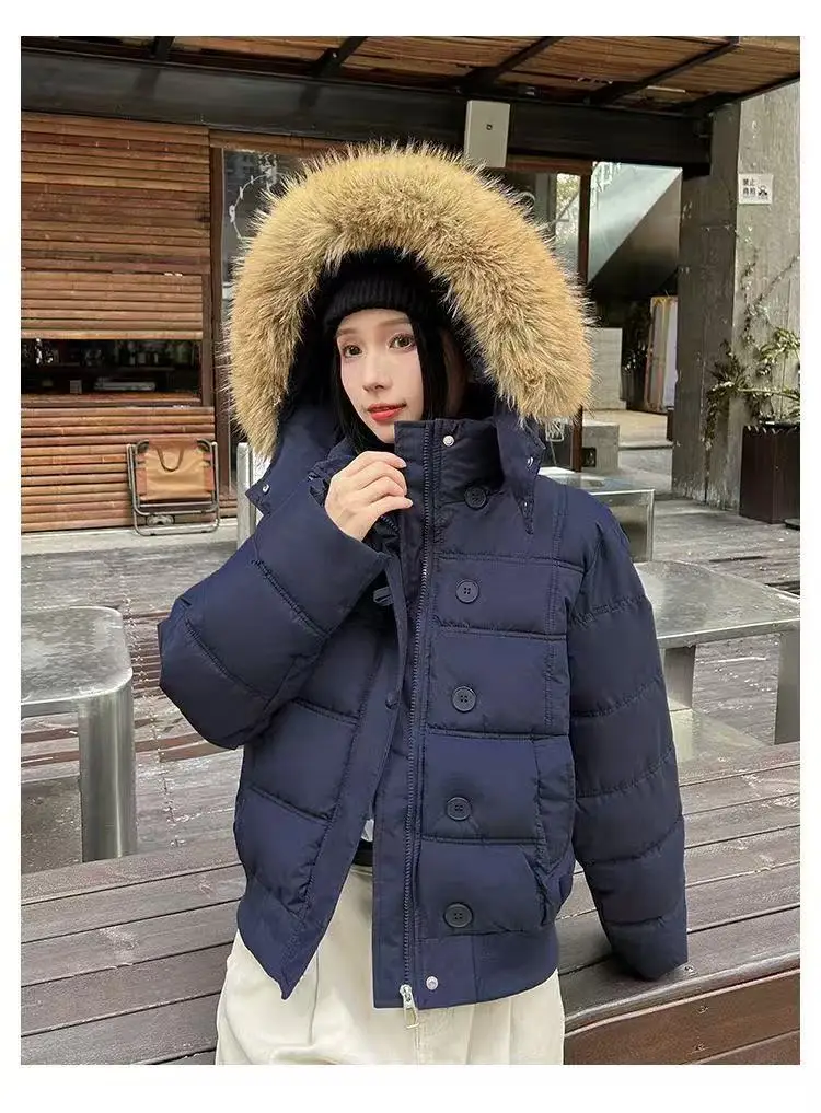 American Retro Hooded Padded Parkas with Faux Fur Collar Women Winter Thick Crop Cotton Jackets Woman Casual Solid Puffer Jacket