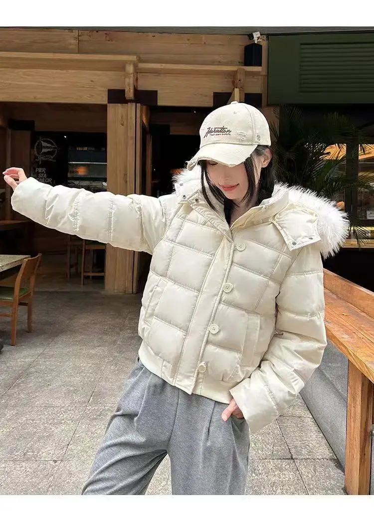 American Retro Hooded Padded Parkas with Faux Fur Collar Women Winter Thick Crop Cotton Jackets Woman Casual Solid Puffer Jacket