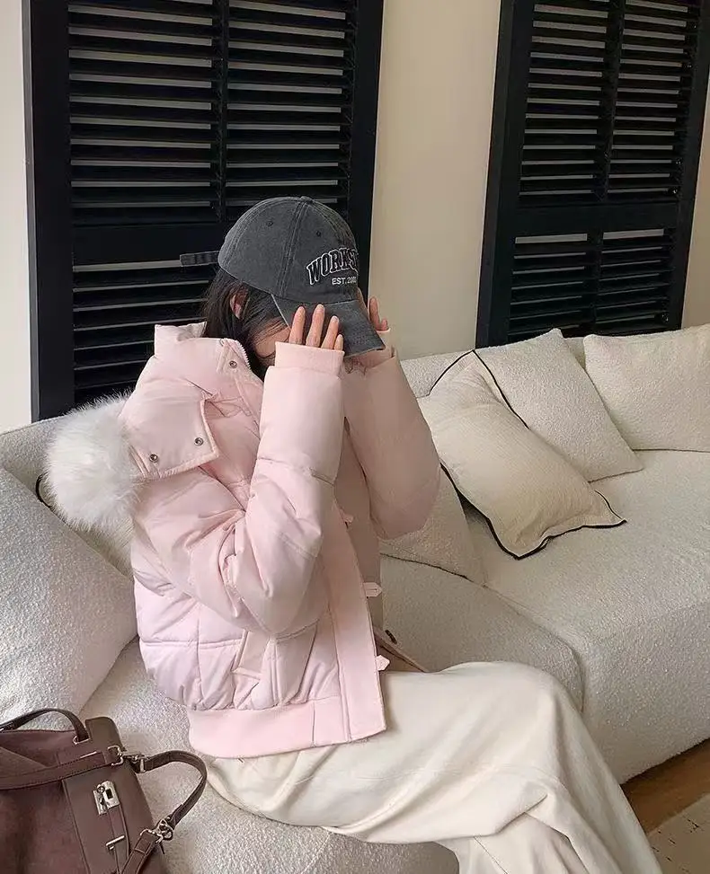 American Retro Hooded Padded Parkas with Faux Fur Collar Women Winter Thick Crop Cotton Jackets Woman Casual Solid Puffer Jacket