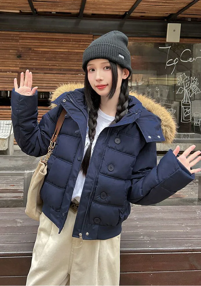 American Retro Hooded Padded Parkas with Faux Fur Collar Women Winter Thick Crop Cotton Jackets Woman Casual Solid Puffer Jacket