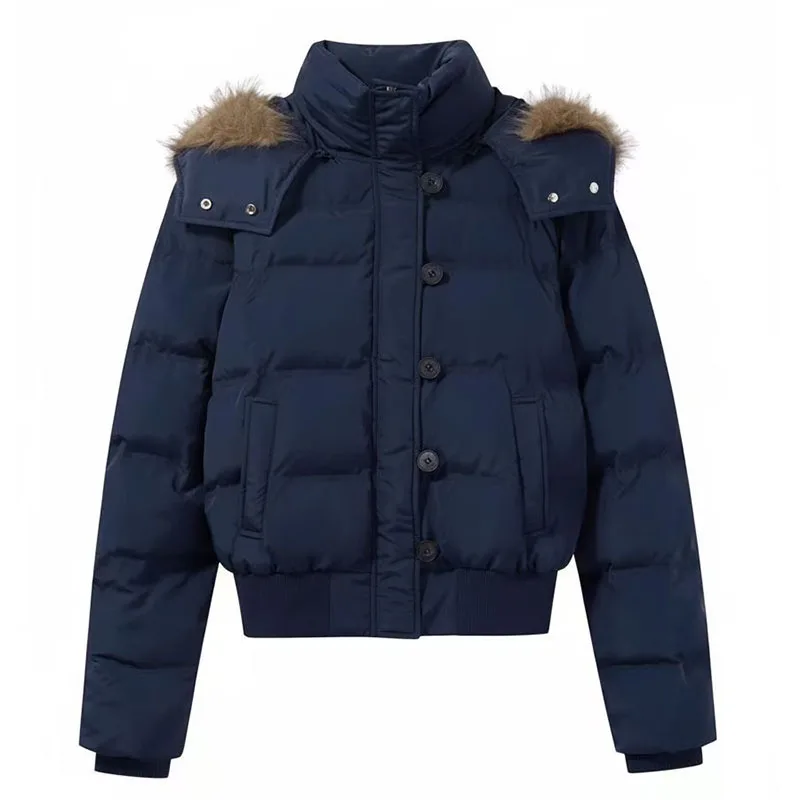 American Retro Hooded Padded Parkas with Faux Fur Collar Women Winter Thick Crop Cotton Jackets Woman Casual Solid Puffer Jacket