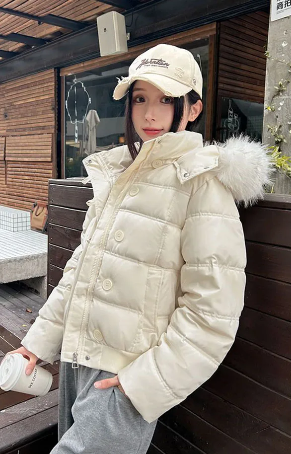 American Retro Hooded Padded Parkas with Faux Fur Collar Women Winter Thick Crop Cotton Jackets Woman Casual Solid Puffer Jacket