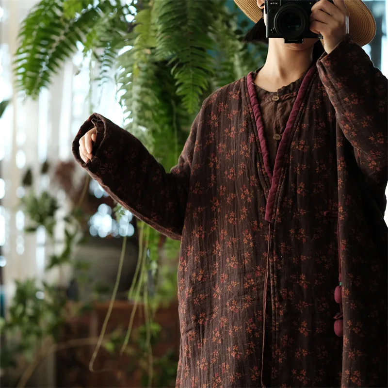 Johnature Women Vintage Print Floral Parkas Print Floral Coats 2026 Spring V-Neck Long Sleeve Button Cotton Linen Female Parkas
