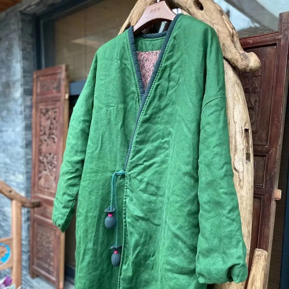 Johnature Women Vintage Print Floral Parkas Print Floral Coats 2026 Spring V-Neck Long Sleeve Button Cotton Linen Female Parkas