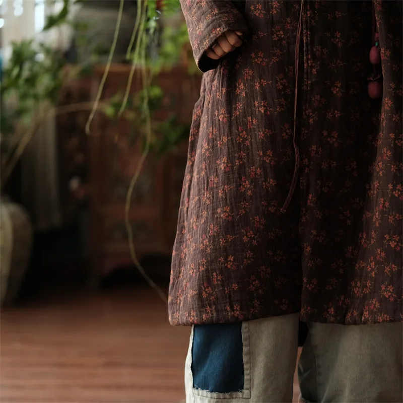 Johnature Women Vintage Print Floral Parkas Print Floral Coats 2026 Spring V-Neck Long Sleeve Button Cotton Linen Female Parkas
