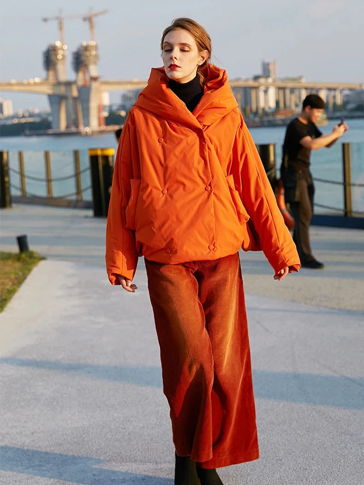 Winter New Hooded Long Sleeve Warm Coats Women's Parkas Fashion Tide Loose Fluffy Orange Red Oversized Down Jacket