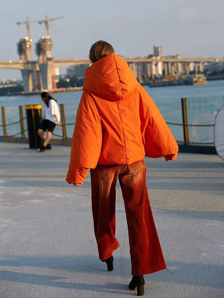 Winter New Hooded Long Sleeve Warm Coats Women's Parkas Fashion Tide Loose Fluffy Orange Red Oversized Down Jacket