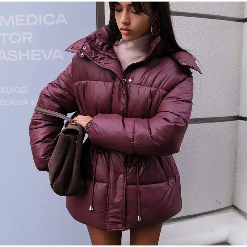 Women Thicken Cotton Short Coats Stand Neck Zipper Full Sleeve Lace Up Detachable Hat Coat 2026 Lady Winter Warm Outerwear New