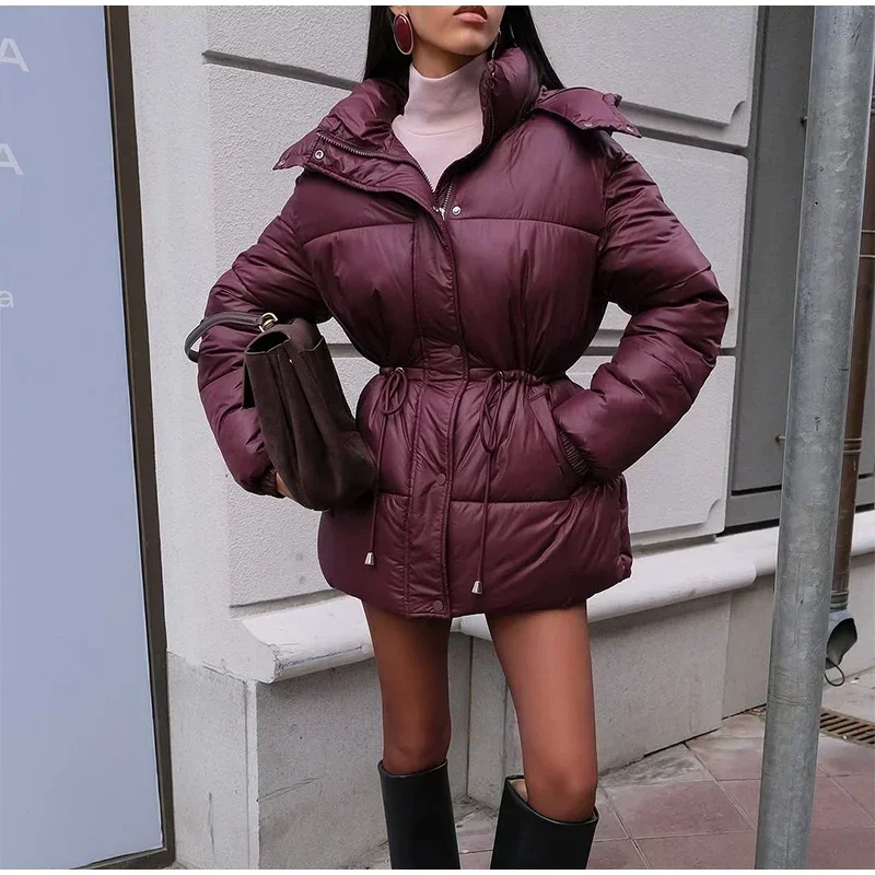 Women Thicken Cotton Short Coats Stand Neck Zipper Full Sleeve Lace Up Detachable Hat Coat 2026 Lady Winter Warm Outerwear New