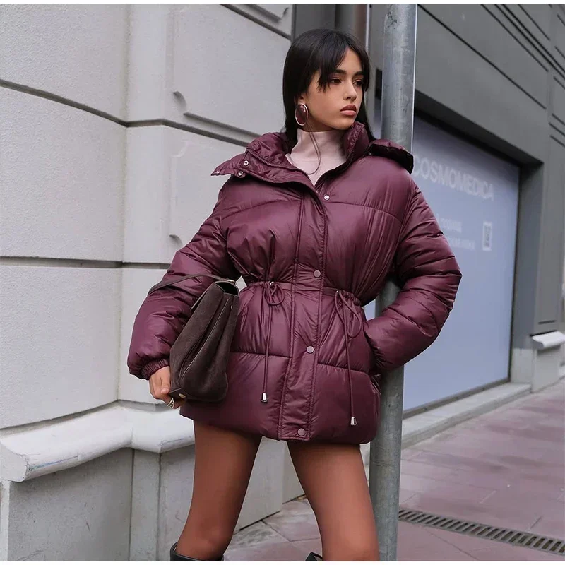 Women Thicken Cotton Short Coats Stand Neck Zipper Full Sleeve Lace Up Detachable Hat Coat 2026 Lady Winter Warm Outerwear New