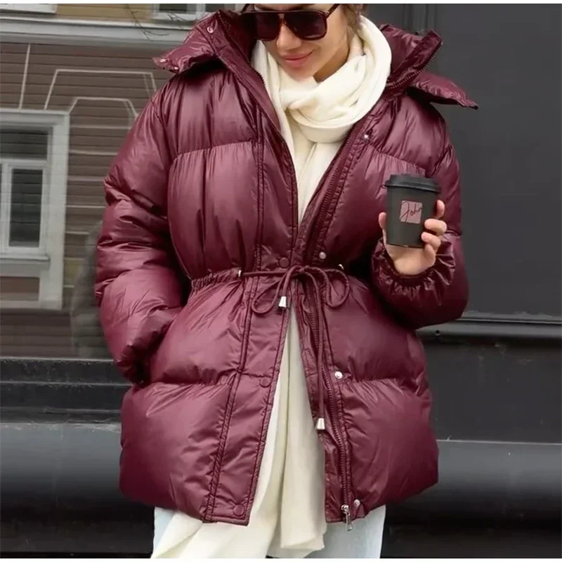 Women Thicken Cotton Short Coats Stand Neck Zipper Full Sleeve Lace Up Detachable Hat Coat 2026 Lady Winter Warm Outerwear New