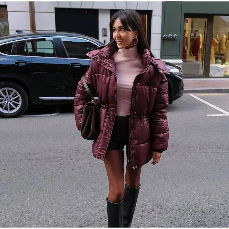 Women Thicken Cotton Short Coats Stand Neck Zipper Full Sleeve Lace Up Detachable Hat Coat 2026 Lady Winter Warm Outerwear New
