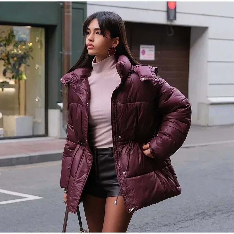 Women Thicken Cotton Short Coats Stand Neck Zipper Full Sleeve Lace Up Detachable Hat Coat 2026 Lady Winter Warm Outerwear New