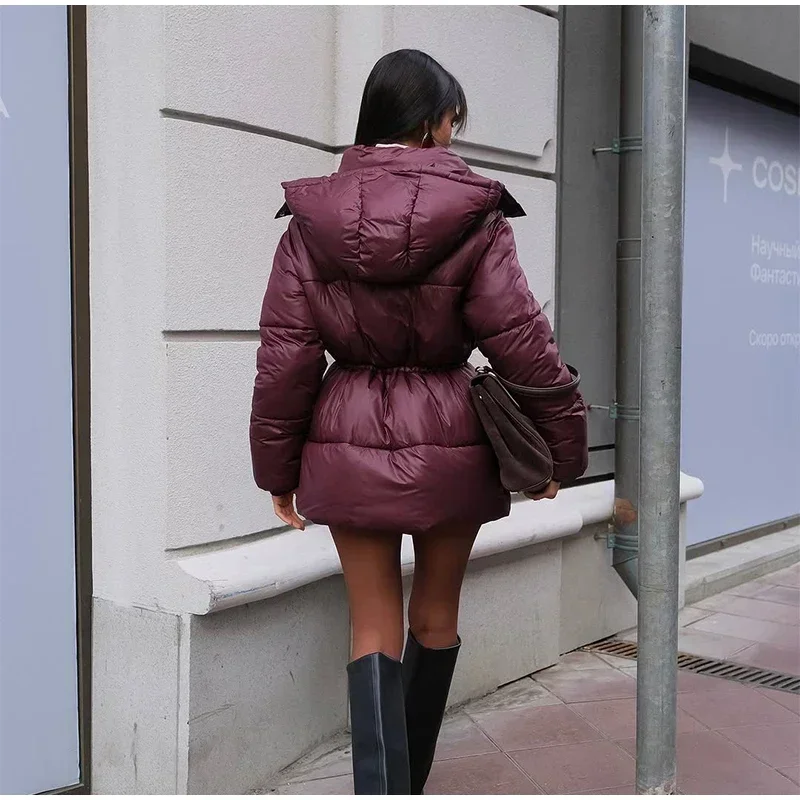 Women Thicken Cotton Short Coats Stand Neck Zipper Full Sleeve Lace Up Detachable Hat Coat 2026 Lady Winter Warm Outerwear New