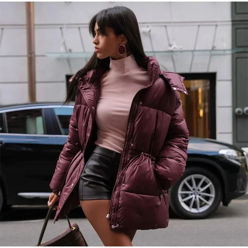 Women Thicken Cotton Short Coats Stand Neck Zipper Full Sleeve Lace Up Detachable Hat Coat 2026 Lady Winter Warm Outerwear New