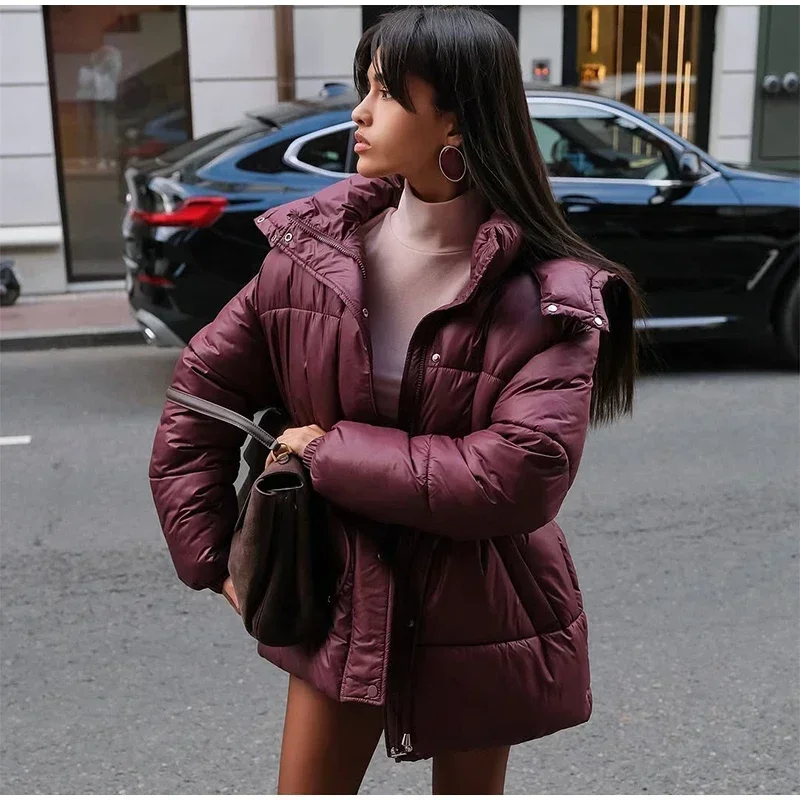 Women Thicken Cotton Short Coats Stand Neck Zipper Full Sleeve Lace Up Detachable Hat Coat 2026 Lady Winter Warm Outerwear New