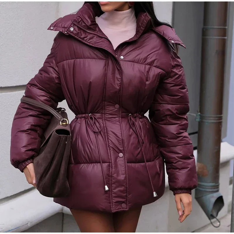 Women Thicken Cotton Short Coats Stand Neck Zipper Full Sleeve Lace Up Detachable Hat Coat 2026 Lady Winter Warm Outerwear New